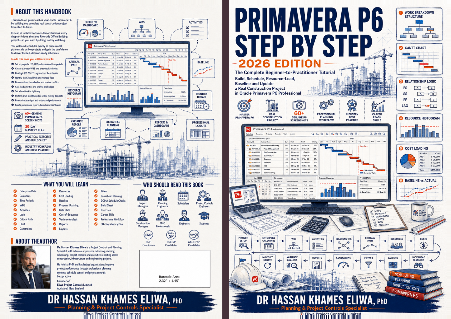 Primavera P6 Step by Step — 2026 Edition full paperback cover by Dr. Hassan Khames Eliwa, showing the Riverside Office Building schedule, WBS, Gantt chart, resource histogram and construction workflow