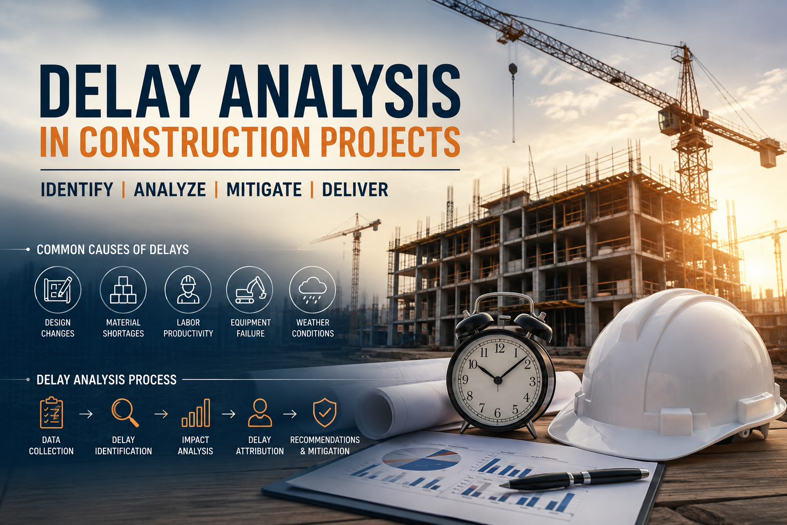 Delay analysis in construction projects — crane and high-rise site with hard hat, alarm clock and analytics clipboard, showing common delay causes and the five-step delay analysis process