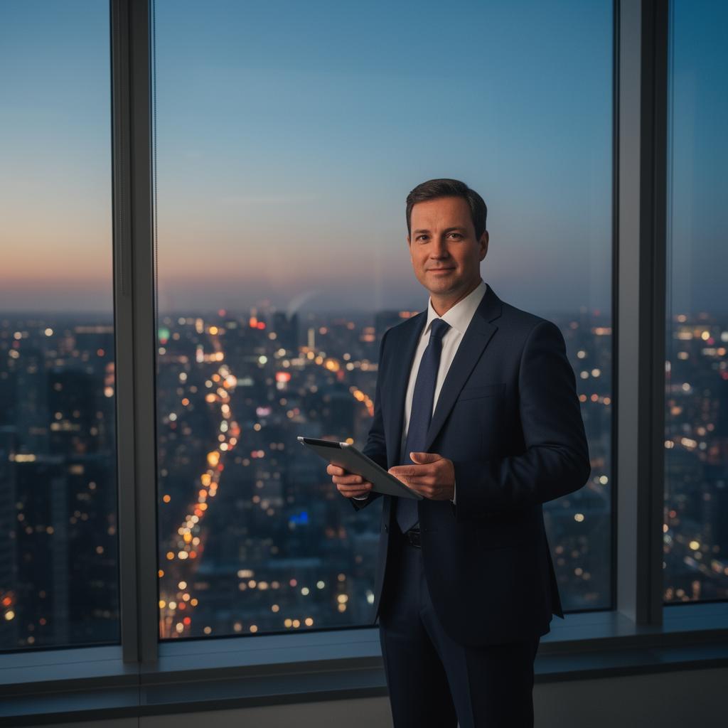 Project controls director presenting portfolio governance at dusk