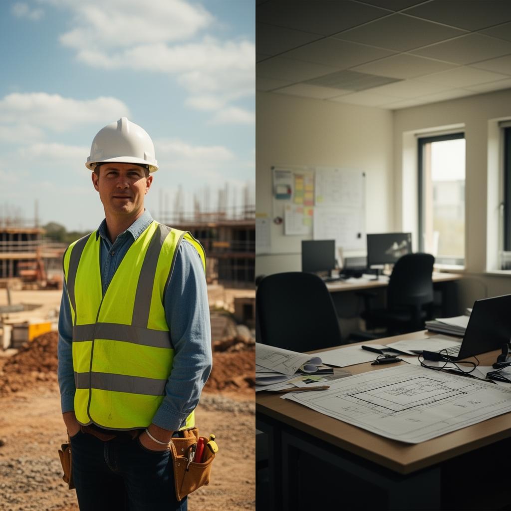 Site engineer in hi-vis reviewing drawings, bridging to a planning office