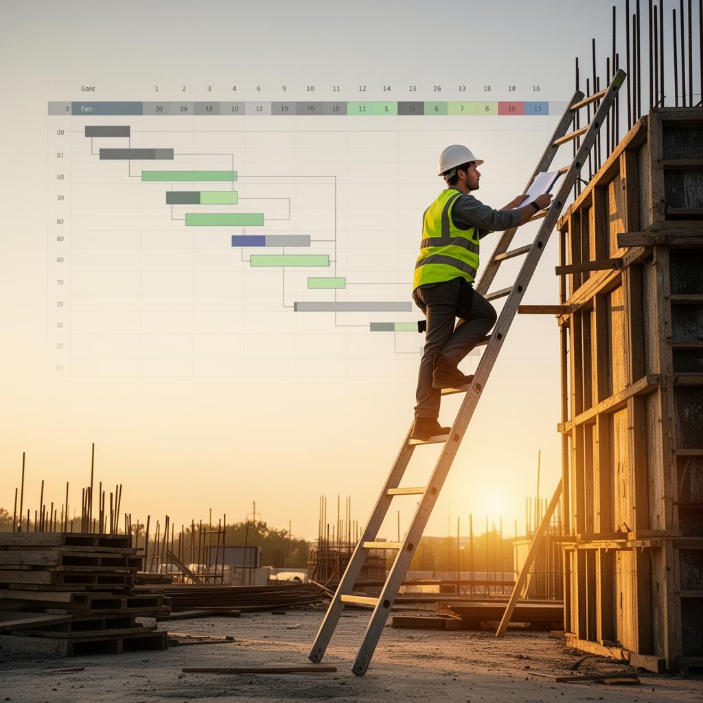 Construction planner climbing a metaphorical maturity ladder with a Gantt chart in the background